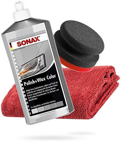 detailmate SONAX Hand Polishing Bundle - Sonax Polish + Wax Colour Silver/Grey 500 ml Hand Polishing Sponge Hard Diameter 90/50 mm Edgeless Microfibre Polishing Cloth 550 GSM Red