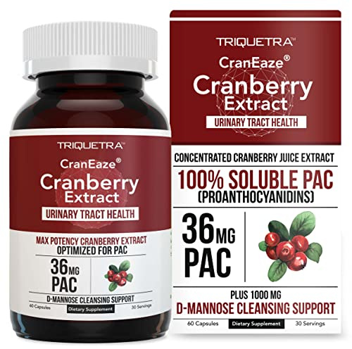 CranEaze®: Cranberry Juice Extract Plus D-Mannose – 36 mg PAC, 100% Soluble PAC - Supports Urinary Tract Health – Most Effective Cranberry Pills for Women, UTI Cranberry Supplement - 60 Capsules