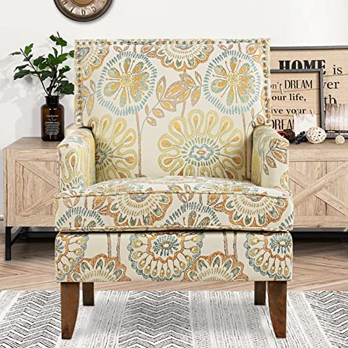 Modern Wingback Accent Club Chair with Floral Fabric Upholstery, Comfortable Reading Chair for Living Room & Bedroom, Single Seater Sofa with Cushion (Yellow pattern)