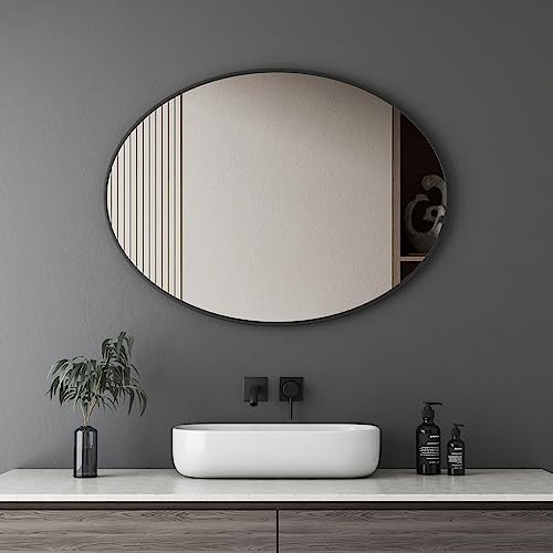 Boromal Spiegel Ovaler 50x70cm Schwarz Wandspiegel Ovaler Spiegel mit Schwarz Metallrahmen Schminkspiegel Dekorative Spiegel für Badezimmer Wohnzimmer Schlafzimmer Gäste WC, Vertikal & Horizontal