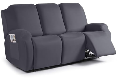 TAOCOCO Recliner Sofa Slipcover, 3 Pieces Polyester Fabric Stretch Sofa Covers for 3 Seat Reclining Couch, Soft Washable Furniture Protector with Pockets (3 Seat, Dark Gray)