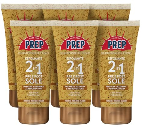 Prep Esfoliante 2in1 Pre e Dopo Sole, Crema Pre e Doposole con Olio di Cocco e Granuli di Albicocca, Abbronzatura Luminosa e Duratura, Pelle Morbida e Setosa, Formato 6 Confezioni da 250ml