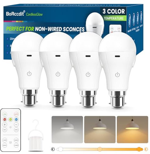 BoRccdit CordlessGlow Rechargeable Light Bulb B22, Dimmable & 3-Color Modes with Remote,15W LED 60W Equivalent, 2000mAh USB Charge Battery Up to 24H, No Wiring for Power Cuts, Camping, Closets, 4-Pack