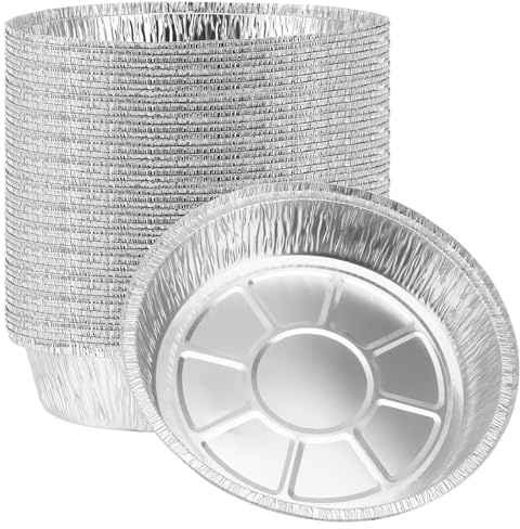 PINGEUI 50 PCS Round Aluminium Foil Trays, 9 Inch Deep Foil Food Containers, Takeaway Tin Foils Tray for Baking, Roasting, Meal Prep, BBQ