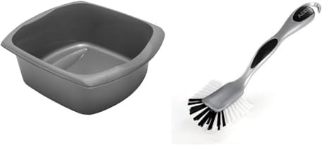 Addis Rectangular Washing up Bowl, Metallic, Large, 9.5 Litre & 501120 Ultra Grip Jumbo Dish Brush Dark Grey