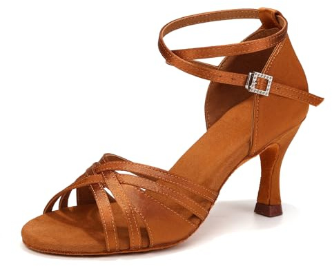 YCALCP Scarpe da Ballo Latino Americano Donna Punta Aperta Raso Professionali Salsa Bachata Scarpe da Ballo da Sala,Tacco 7.5cm, Modello-EM-L3049