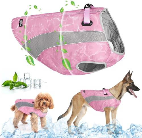 Kylväst för hund med solskydd, sele D-ringar, justerbar dragkedja - reflekterande, andningsbar jacka för små, medelstora och stora hundar - cool kappa väst (rosa, L)