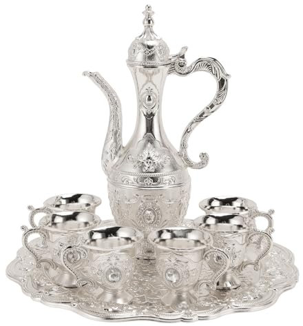 Service à thé turc, ensemble de thé vintage décoratif en alliage de zinc, ensemble de cafetière, ensemble de pots en verre à vin, ensemble de café turc pour le thé à la maison, (Silver White)