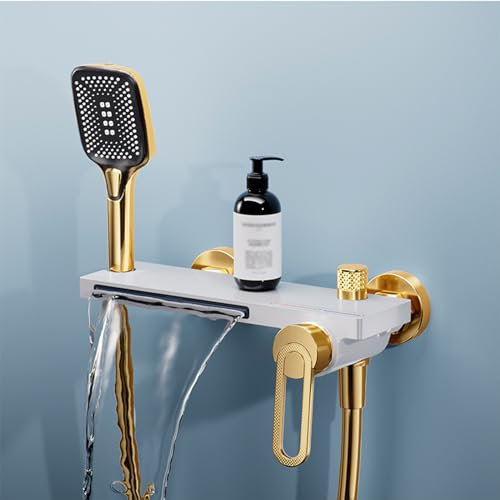Wannenarmatur Wasserfall Bad Armaturen Badewanne Mischbatterie Wandmontage Badewannenarmatur mit 3 Modi Handbrause Gold+Weiß
