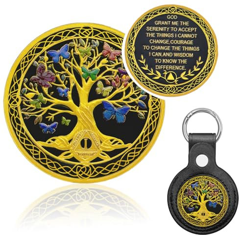 Moneda de sobriedad de 1 año, mariposa árbol de la vida, chips AA y medallones, medallón anónimo de alcohólicos, regalos de sobriedad para hombres y mujeres, chip de recuperación, ficha de aniversario