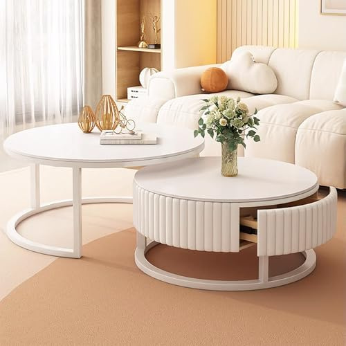 GonTzolkin Runder Couchtisch Weiß 2er Set Marmor Couchtisch Mit Stauraum Schublade Modern Wohnzimmertisch Rund Couchtische Weiss Mit Metallrahmen Tisch Wohnzimmer Couch Tisch Einfacher Aufbau