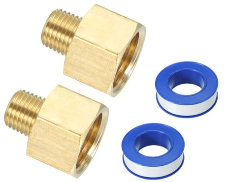 PATIKIL 2 Juego de Conexión de Tubería de Latón con Cinta Selladora, Adaptador Reductor de 1/2 NPT Macho a 1/4 NPT Hembra para Extensión de Tubería en Grifo de Bañera y Ducha, Dorado