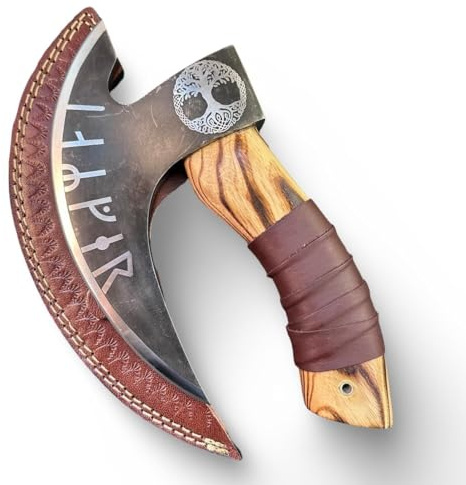 Jayger Handmade Carbon Steel Pizza Cutter | Viking-Inspired Pizza Slicer with Ash Wood Handle & Leather Wrapping | Norse Rune Design | Durable Blade & Leather Sheath