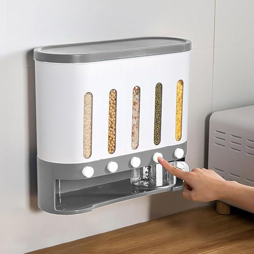 TsoLay 5 Grid Rice Storage Dispenser, 9KG Wall Mounted Dry Food Dispenser with Measuring Cup, Free Control Of Grain Dry Food Output, for Rice and Other Small Granular Grains