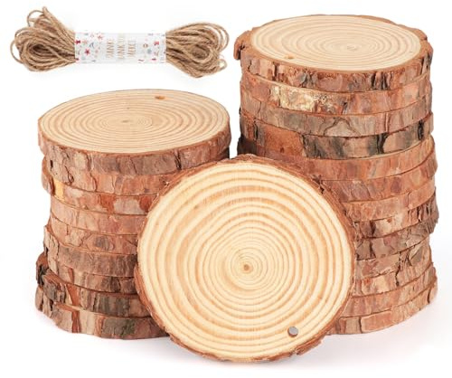30 Stück Holzscheiben, Baumscheiben mit Loch 8-9cm, Runde Holzstücke 1cm Dick, Holzscheiben Deko mit Hanfseil, Kleine Baumscheiben für DIY-Basteleien