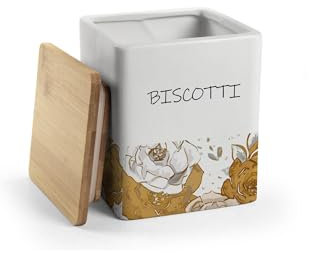 MECSAL CASALINGHI Barattolo Biscottiera, Porta Biscotti, Contenitore Cucina, in Ceramica Quadrato Rotondo, Tappo in Legno, bianco (1, QUADRATO LUX)