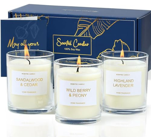 PROFIKLA Scented Candles Gift Set, Lavender, Peony & Wild Berries, Sandalwood Soy Wax Candles, 3 x 3.5oz 75 Hours Burn Time, Elegant Gift for Women and Men, Mum, Mother's Day, Birthday