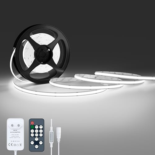 NELUX Striscia LED COB 2 Metri Bianco Freddo, Luci LED Strisce Sottopensile Cucina, Camera e TV Light Strip. Luce Interne Adesive Dimmerabili, 480LED/m, 6500K. Include Telecomando, Trasformatore 24V