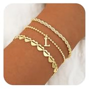 VIROMY Pulseras de Oro para Las Mujeres 14k Chapado en Oro L Iniciales Pulsera en Capas Minimalista Twisted Cuerda Corazón Bead Enlace Joyería Regalos para Ella