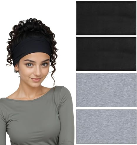 Damen Haarband 4 Stück Schwarz 15cm Breites Stirnband Yoga Fitness Rutschfestes Haarbänder Weiches Schweißabsorbierendes Elastisches Sport Stirnband für Frauen Laufen Yoga Übung
