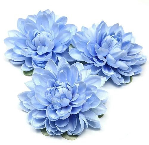 GVEKJ Bulk10cm Large Artificial Flower Silk Dahlia Chrysanthemum Head For Wedding Home Decor DIY Flower Wall Floral Accessories-Blue-2pcs