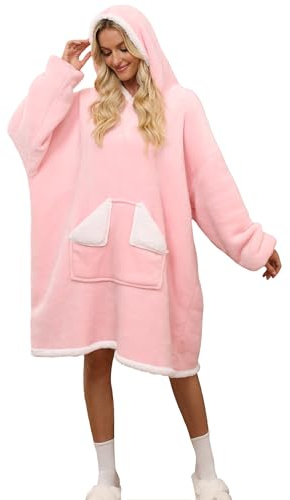 Glamnest Oversized Hoodie Blanket， Sherpa Wearable Blankets with Pocket & Sleeves, Soft Fleece Wearable Hooded Sweatshirt for Women Girls One Size Pink