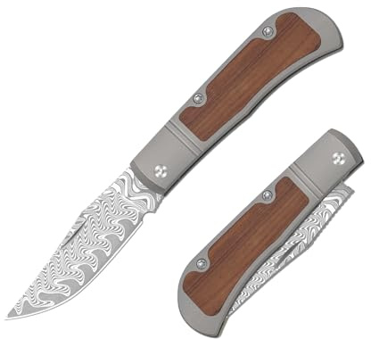 Kizer Trestle Couteau de Poche, Lame Damas de 7,35 cm, Couteau EDC avec Manche en Titane Argenté et Bois Mkuruti Brun, Couteaux Pliants Petits Couteaux V3761A2