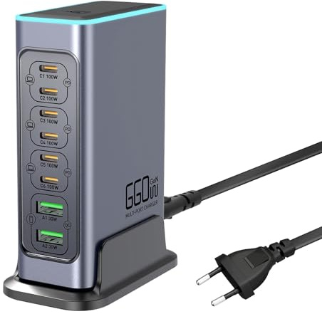 660W Cargador USBC Múltiple - 8 Puertos (6 USB-C + 2 USB-A) con USB C Carga Rapida, Estacion de Carga compacta para múltiples Dispositivos, Compatible con MacBook, iPad, iPhone, Galaxy S22/S20, DELL