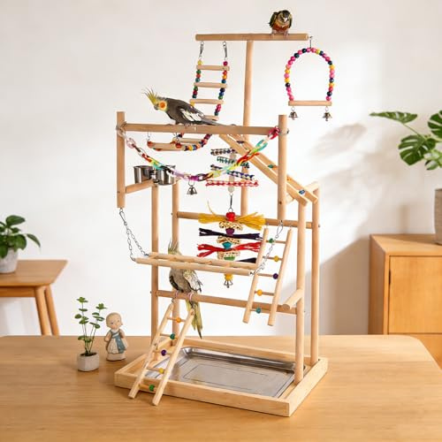 TOOSOAR Parque Infantil de Cacatúas,con Comederos de Acero Inoxidable, Cadena de Plástico de Colores para Mascotas, para Loros y Otros Pájaros,94.5 * 48 * 33.5cm