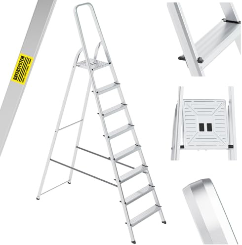Bayersystem Aluminium-Stehleiter, 8-stufig, leicht, klappbar, tragbar, robust, breite Plattform, 150 kg Tragkraft, rutschfeste Füße, Mehrzweckleiter für Haushalt, Lager, Büro