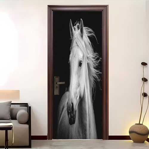 Kinder und Jugendliche Türtapete 80x210 cm Tierisches WeißEs Pferd Selbstklebend 3D Türaufkleber Wandbild Schwarz TürPoster für Heim Büro Dekoration
