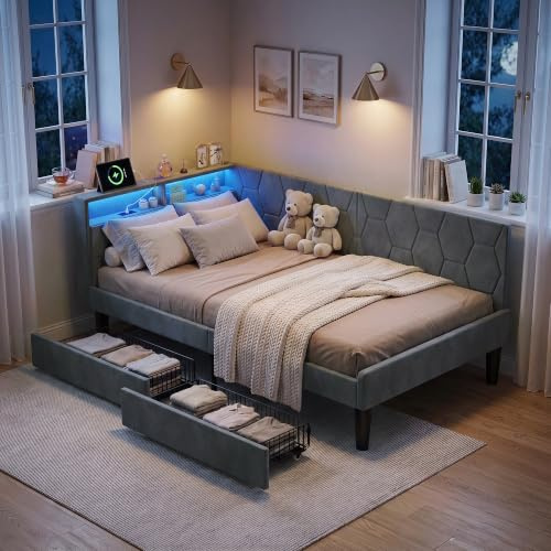 BRILVERDE Boxspringbett 90 x 200 cm mit 2 Schubladen, gepolstertes Bett mit LED-Licht/USB, mit Kopfteil, mit Lattenrost, Samt (Grau, 90 x 200 cm)