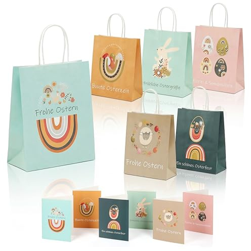 Nordstern Ostern Geschenktüten 6er Set - Bunte Papiertüten mit Henkel als Geschenkverpackung - Ostertüten zum Befüllen inkl. 6x Klappkarten, Grußkarten