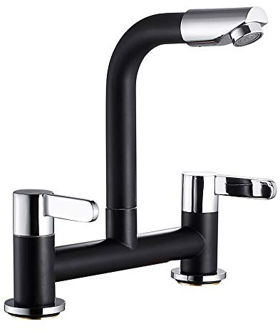 2 Hole Dual Lever Kitchen Mixer Taps with 360° Swivel Spout, Double Handle Kitchen Sink Faucet, 180MM Center Bridge Design, Deck Mounted 1/4 Turn, Brass Body Polished Finish