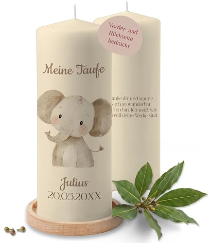 Taufkerze - Taufe - Elefant mit Name Datum Wunschtext - Taufgeschenk Deko personalisiert - 230/78 mm - Elfenbein