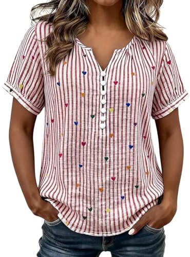 BVEBJDX Ladies Tops Striped Heart Print V Neck Tunic Dressy Casual Short Sleeve T Shirts for Women Half Button Casual Summer Boho Top Lightweight Shirt Going Out Blouse Fashion Clothes 2026 S-2XL