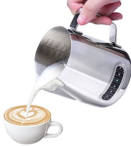 Milk Frothing Jug - Dailyart 600ml/20fl.Oz. 304 Stainless Steel Milk Jug with Thermometer, Special Dripless Spout and Scale Mark, Metal Barista Milk Pitcher for Making Cappuccino Latte and Espresso