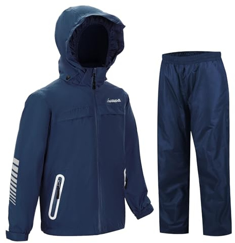 SWISSWELL Kids Rain Gear Boys Girls Youth Waterproof Rain Suit Breathable Reflective Raincoat and Pants Navy 14-16 Years