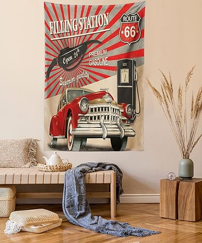ABAKUHAUS Autos Wandteppich, Poster Stil Bild Tankstelle kommerzielle Element Route 66 IllustrationDruck, aus Weiches Mikrofaser Stoff Wand Dekoration Für Schlafzimmer, 150 x 110 cm, Zinnoberrot Beige
