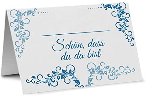 Partycards Namenskarten, Platzkarten, Tischkarten für Hochzeit, Geburtstag - 50 Stück, Blumen Ornamente, Blau, DIN A7 Namensschild Kommunion. Tischdeko Hochzeit