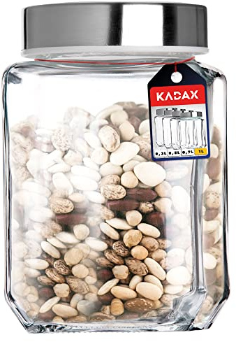 KADAX Vorratsglas, Glasbehälter mit Deckel aus Kunststoff, Lebensmittelbehälter aus Glas, Vorratsdose für Nudeln, Spaghetti, Gewürze, Einweckglas, transparent, luftdicht (1000ML, weiß)
