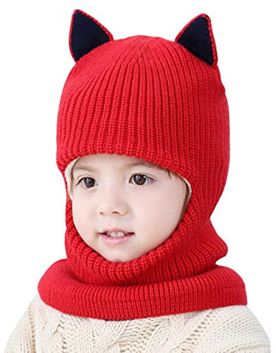 AIDIER Barn vintermössor halsduk öronlapp mask mössa plysch skalle mössa för pojkar flickor, 1-5 år, Katt-röd, one size
