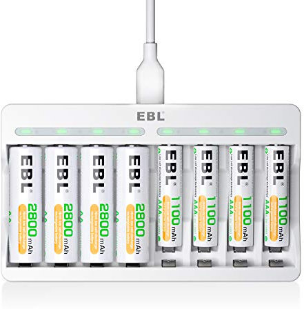 EBL Cargador Rápido de Pilas con 4 x AA 2800mAh y 4 x AAA 1100mAh, Cargador Inteligente LED Ni-MH USB 5V 2A & Protección Múltiple