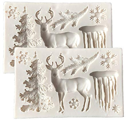 Dubens 2 stycken 3D jul träd älg hjort snöflinga silikon fondant kaka dekorera form choklad gelé bakform socker hantverk verktyg