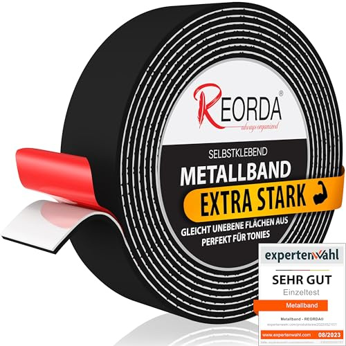 REORDA® Metallband selbstklebend Schwarz - Ideal für Tonies®-Figuren & -Regale (EXTRA STARK) - Magnetband für Magnete I Ferroband I Magnetband selbstklebend I Eisenband (10m)