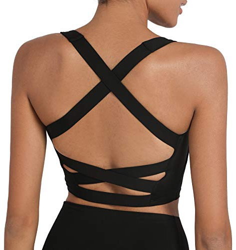 romansong Strappy Yoga Sports Bras for Women Padded Criss-Cross Back Tank Tops,Women's Sexy Running Workout Bra with Removable Cups Black