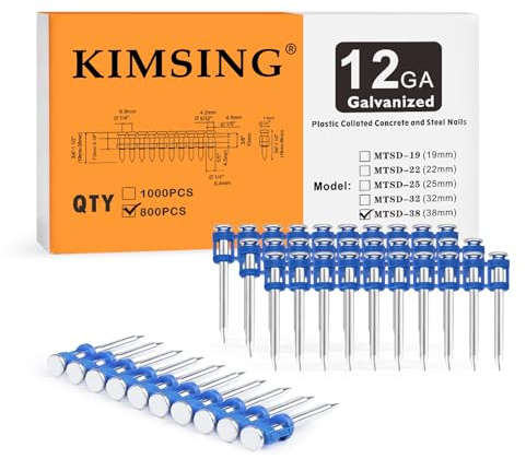 KIMSING MTSD-38 12GA clous pour béton 38mm 1000 pces pour portes | Galvanizado grueso anticorrosión, tira plástica para carga fácil, 38mm, para puertas, ventanas y techos