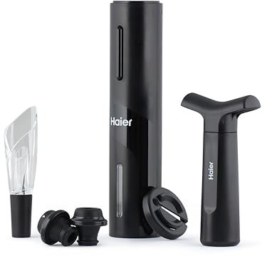 Haier Set de Vino Eléctrico Recargable, incluye Aireador y Recogegotas en forma de Tulipán, Abrebotellas Recargable con USB, Cortacápsulas, Bomba de Vacío, 2 Tapones.