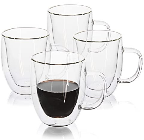 G Juego de 4 tazas de café de doble pared con mango aislado, tazas de café para té helado/caliente, bebidas con leche, capuchino, borosilicato, vaso grande (con asa)