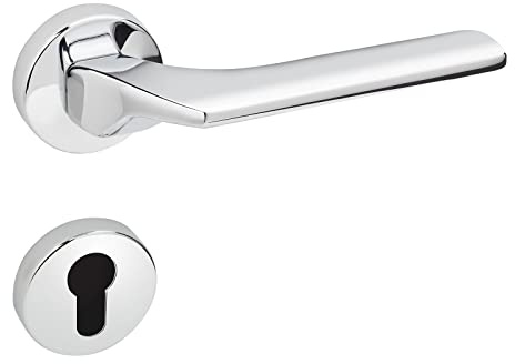 Design Drückergarnitur Aluminium Türbeschlag Türgriff Innentüren auf Rund-Rosette CARL PZ - Profilzylinder Türdrücker Chrom poliert 1 Set - Zimmertür-Garnitur mit Schrauben von Sotech